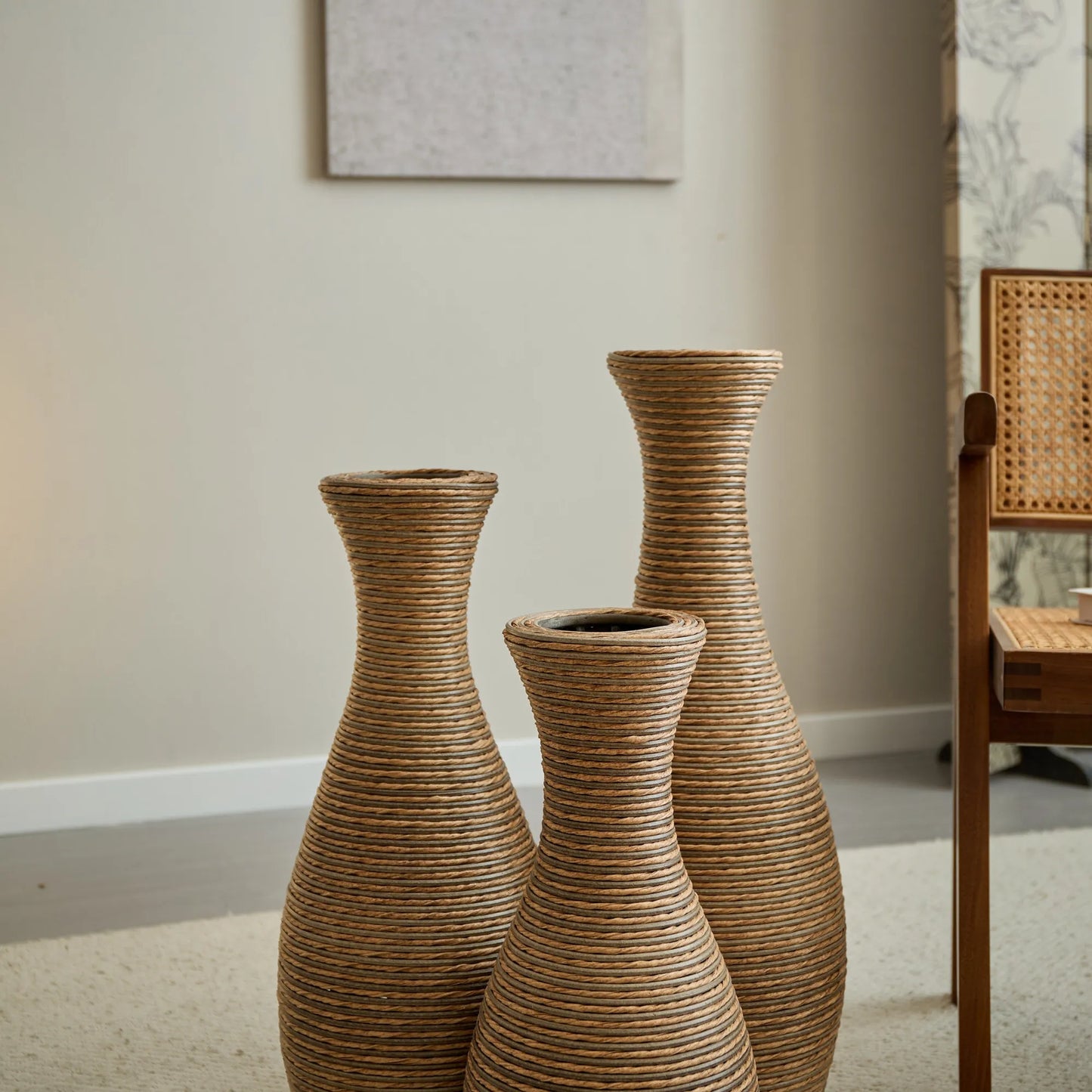 3-Piece Artificial Rattan Floor Vase Set – Decorative Accent for Living Room, Hallway & Entryway, Ideal for Dried or Silk Flower Arrangements, Beige – view 11