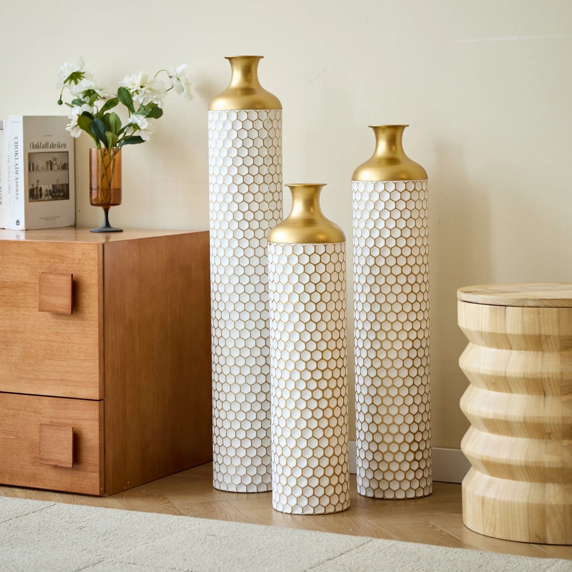 3-piece set gorgeous home decoration large glazed metal vase --Floor metal vase modern style decoration home droplet shaped white metal – view 11
