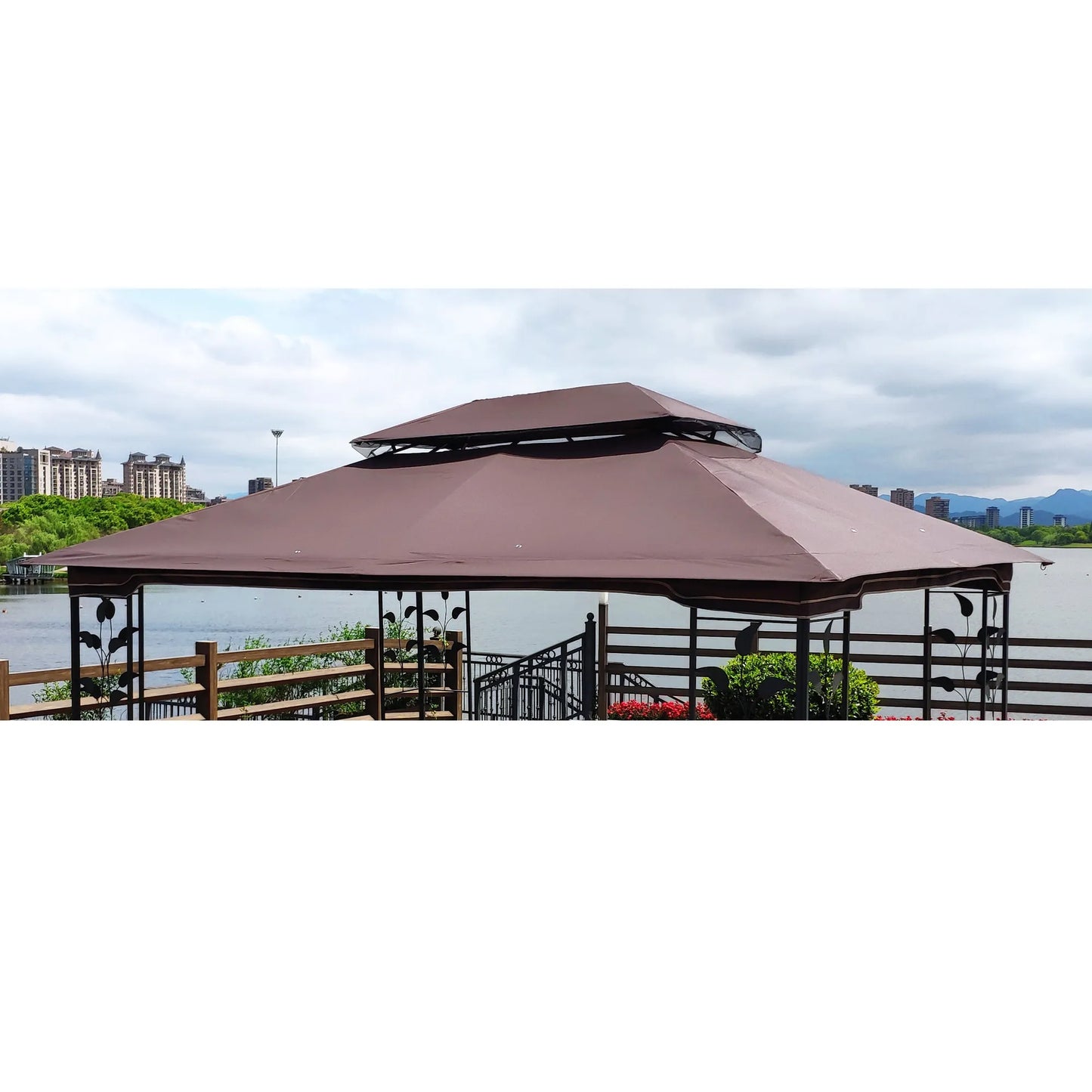 13x10 Ft Patio Double Roof Gazebo Replacement Canopy Top Fabric,Brown – view 11