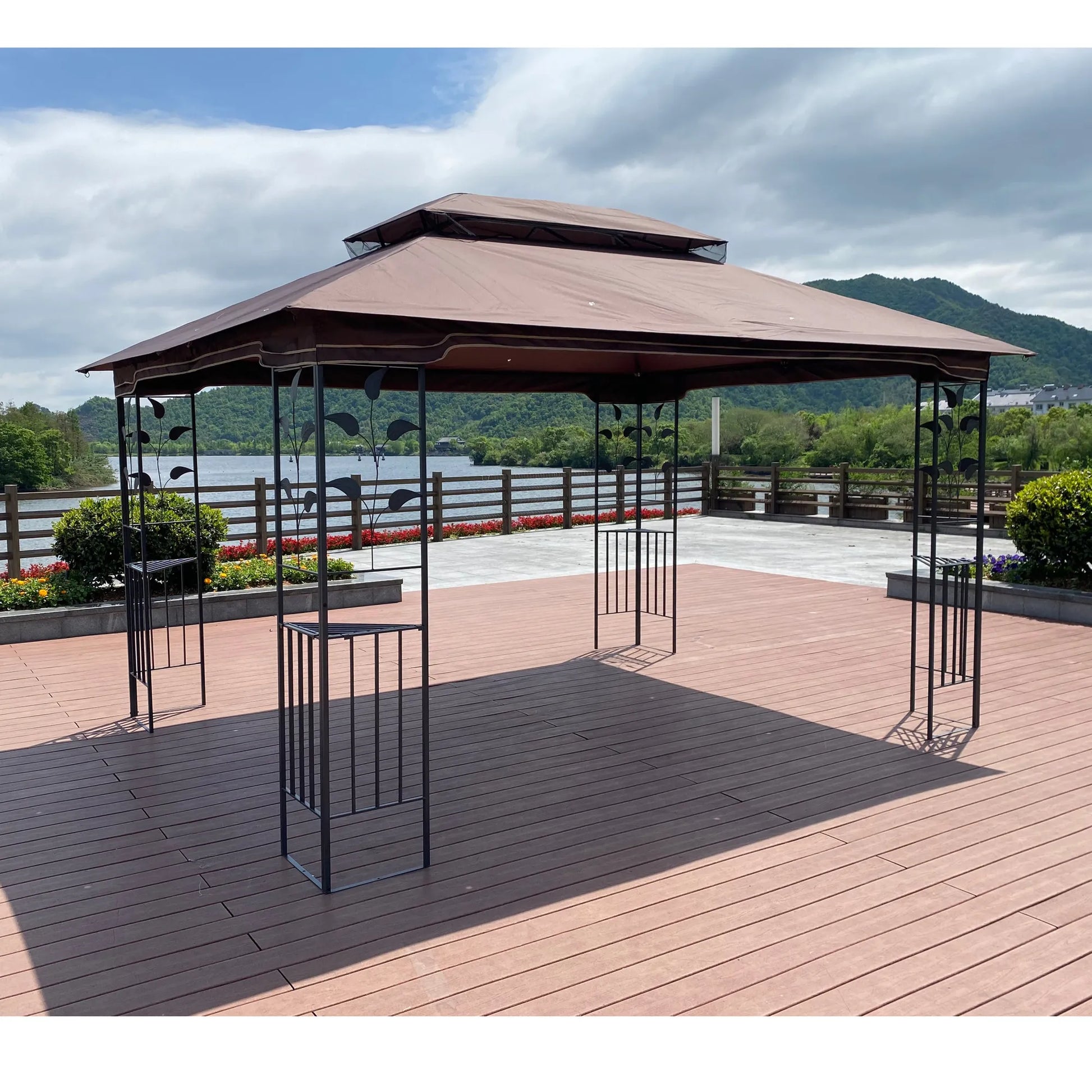 13 x 10 ft Patio Gazebo Tent with Ventilated Double Roof and Mosquito Net, Brown Canopy for Backyard or Garden – view 11