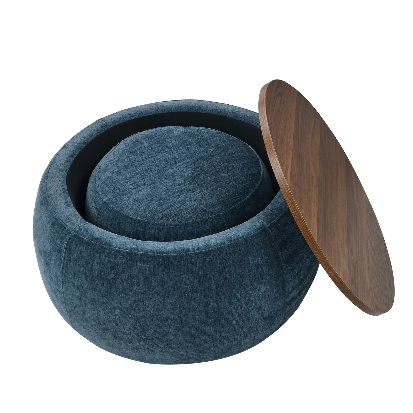 Dark Blue Round Storage Ottoman with 2 in 1 Function as End Table and Ottoman, Eucalyptus Wood and Foam, 25'x25'x14.7' – view 11