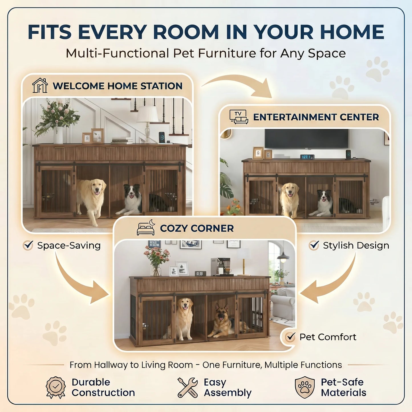 71'' Furniture Style Double Dog Crate with 3 Fluted Drawers and Waterproof Walnut Woodgrain Tabletop,Large Dog Kennel Furniture with Type-C Power – view 11