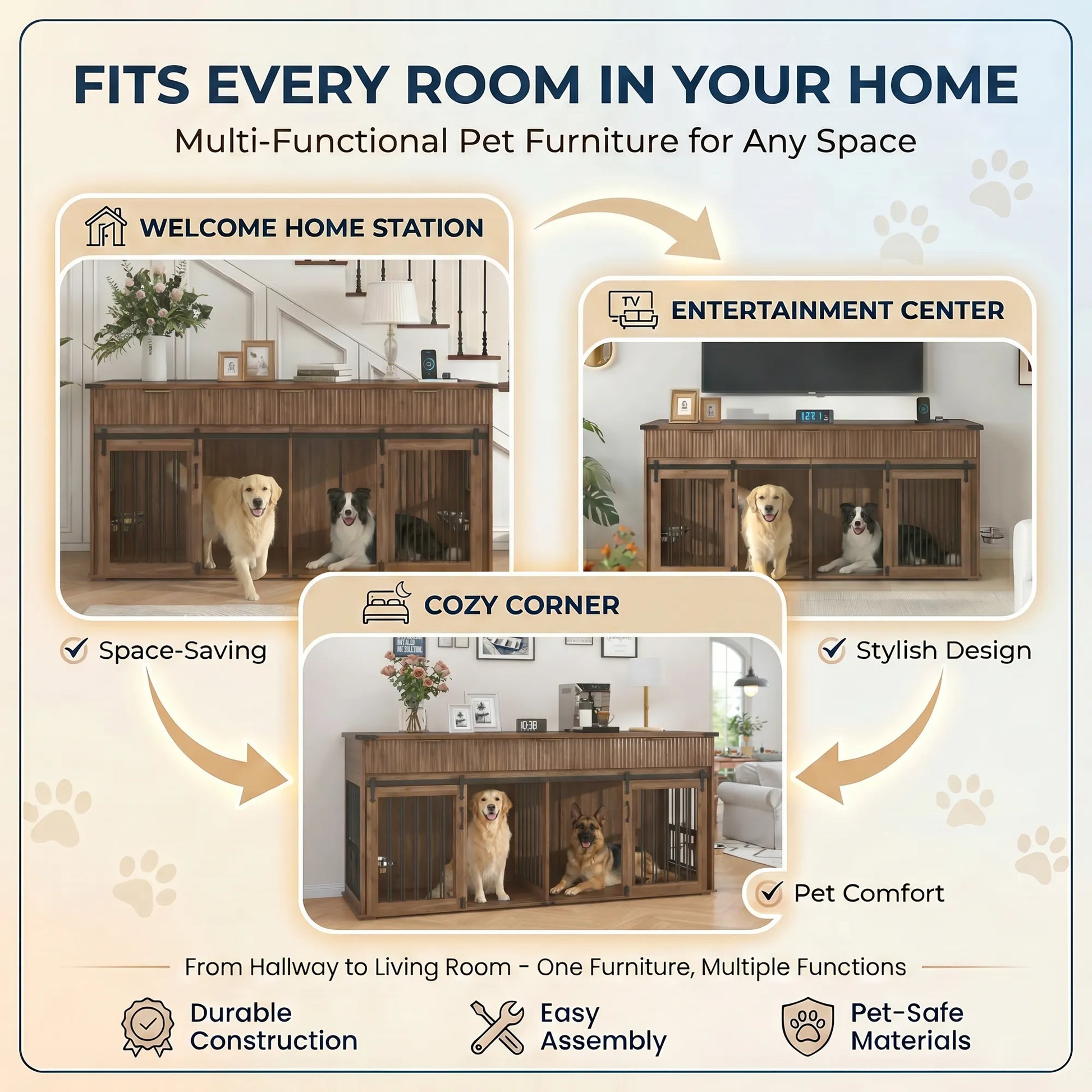 71'' Furniture Style Double Dog Crate with 3 Fluted Drawers and Waterproof Walnut Woodgrain Tabletop,Large Dog Kennel Furniture with Type-C Power – view 11