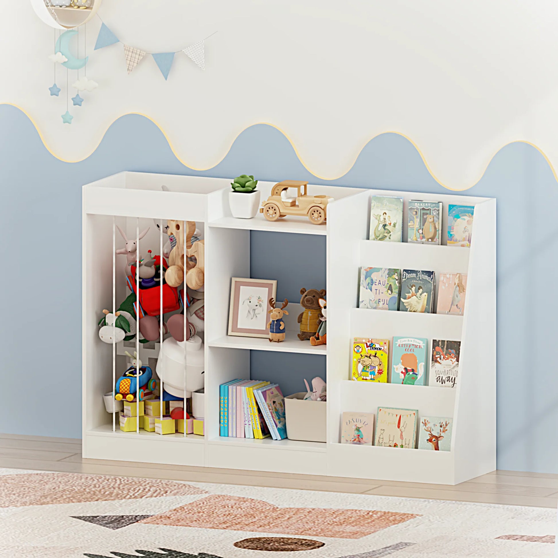 3-in-1 Kids Bookshelf and Toy Storage, 4-Tier Book Shelf for Kids Rooms, Sling Baby Bookcase with Stuffed Animal Storage, Toddler Montessori – view 11