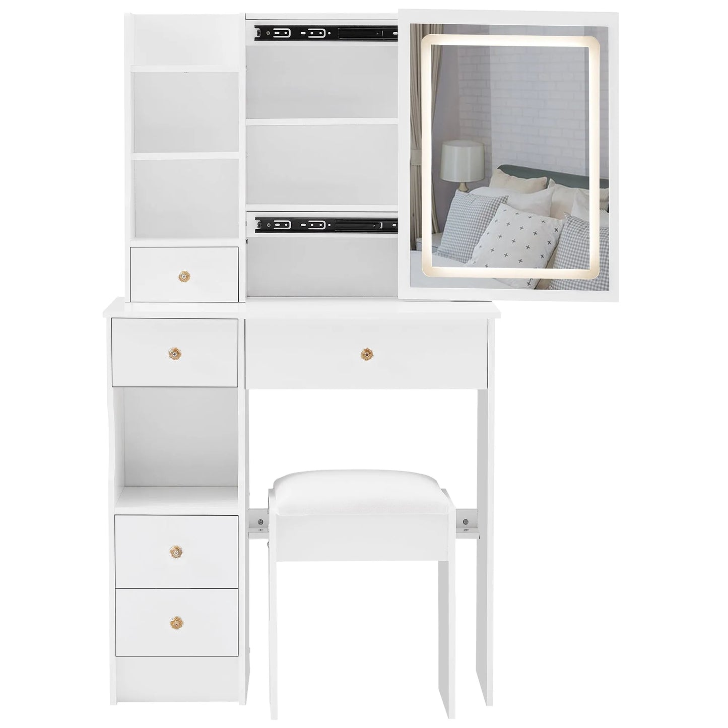29.2' Small Size Left Drawer Desktop Vanity Table + Cushioned Stool, Large Sliding, Touch Control, Tri-color Switching, Brightness Adjust LED Mirror – view 11