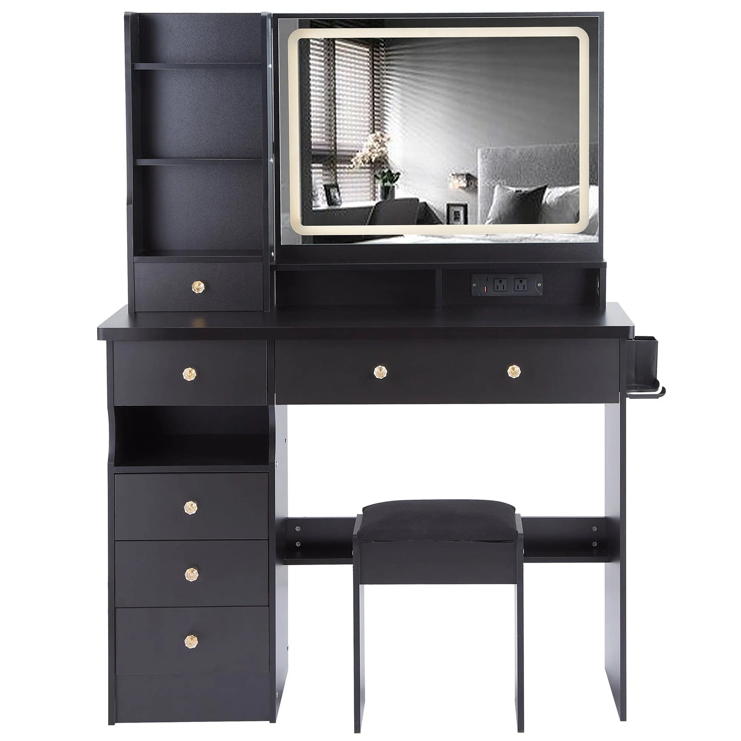 41' Large Size Left Drawer Desktop Vanity Table+Cushioned Stool Dresser Set, 2 AC+2 USB Power Station, Hair Dryer Stand, Extra Large Touch Control – view 11