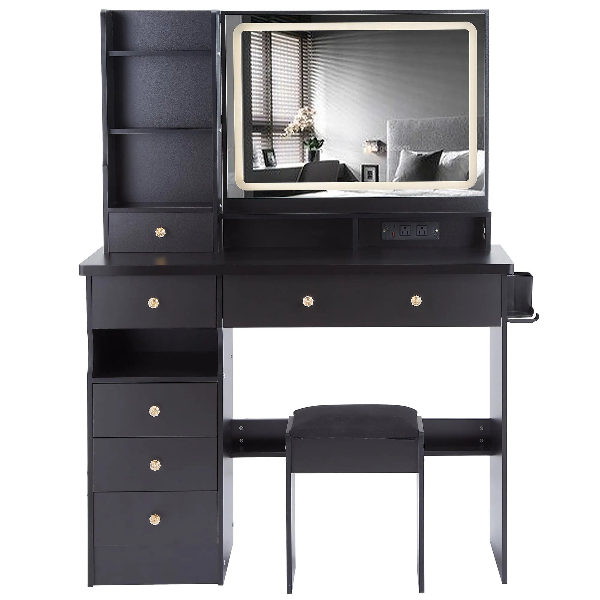 41' Large Size Left Drawer Desktop Vanity Table+Cushioned Stool Dresser Set, 2 AC+2 USB Power Station, Hair Dryer Stand, Extra Large Touch Control – view 11