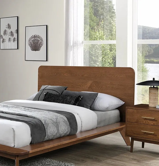 Platform Bed Walnut Color 3pc Bedroom Set King Size Bed 2x Nightstands Wooden Mid-Century Modern Style – view 12