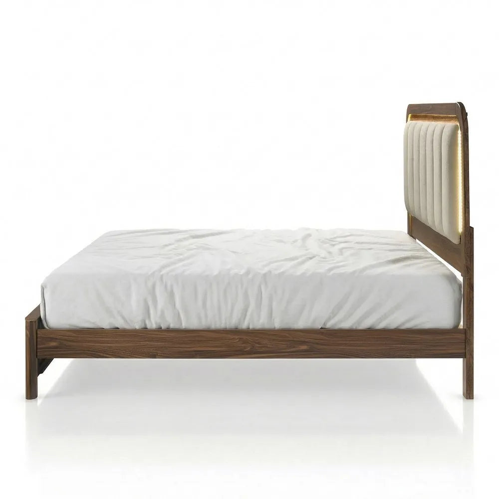 Walnut Gorgeous Queen Size Bed Nightstands Set Panel Bed HB w LED Warm Light Bedroom Set 3pc – view 12