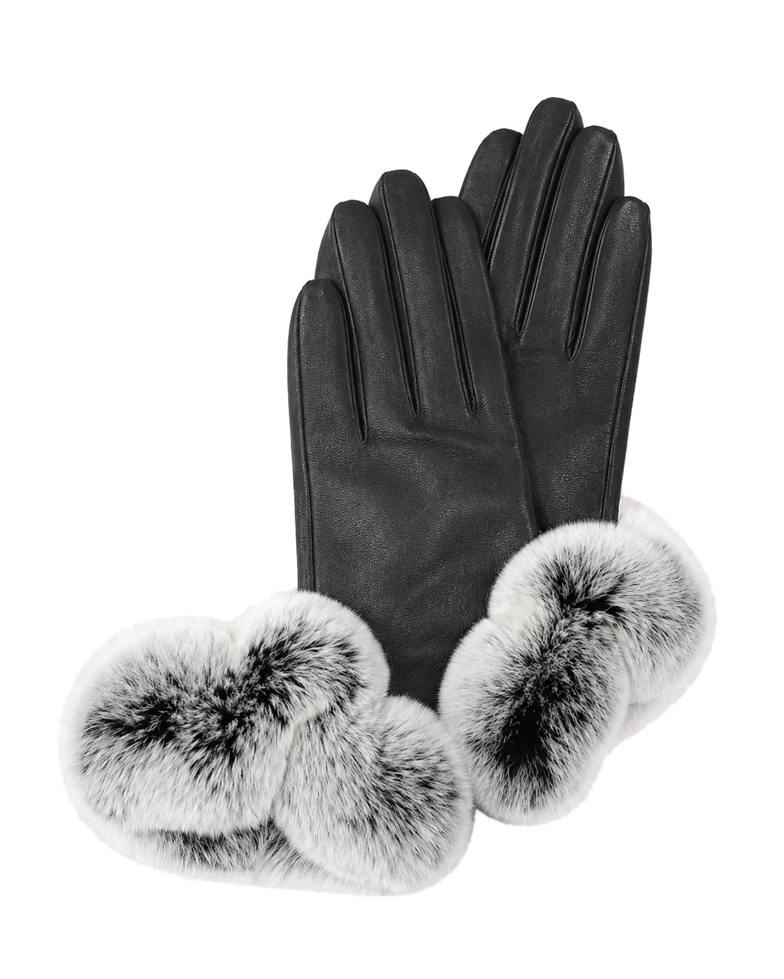Black sheepskin leather gloves with silver Rex rabbit fur cuffs