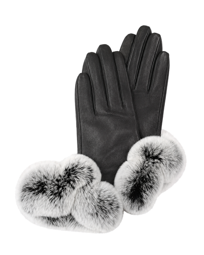 Black sheepskin leather gloves with silver Rex rabbit fur cuffs