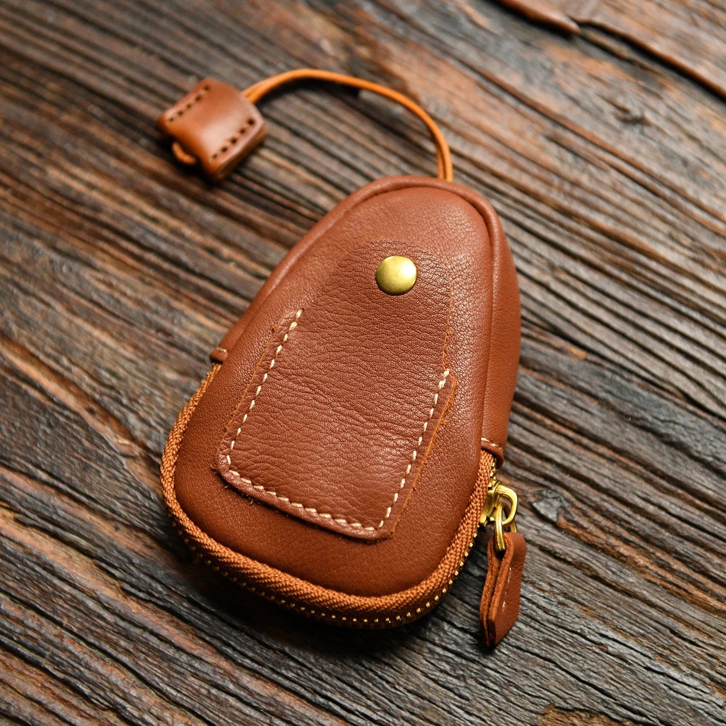 Brown top-grain leather car key case