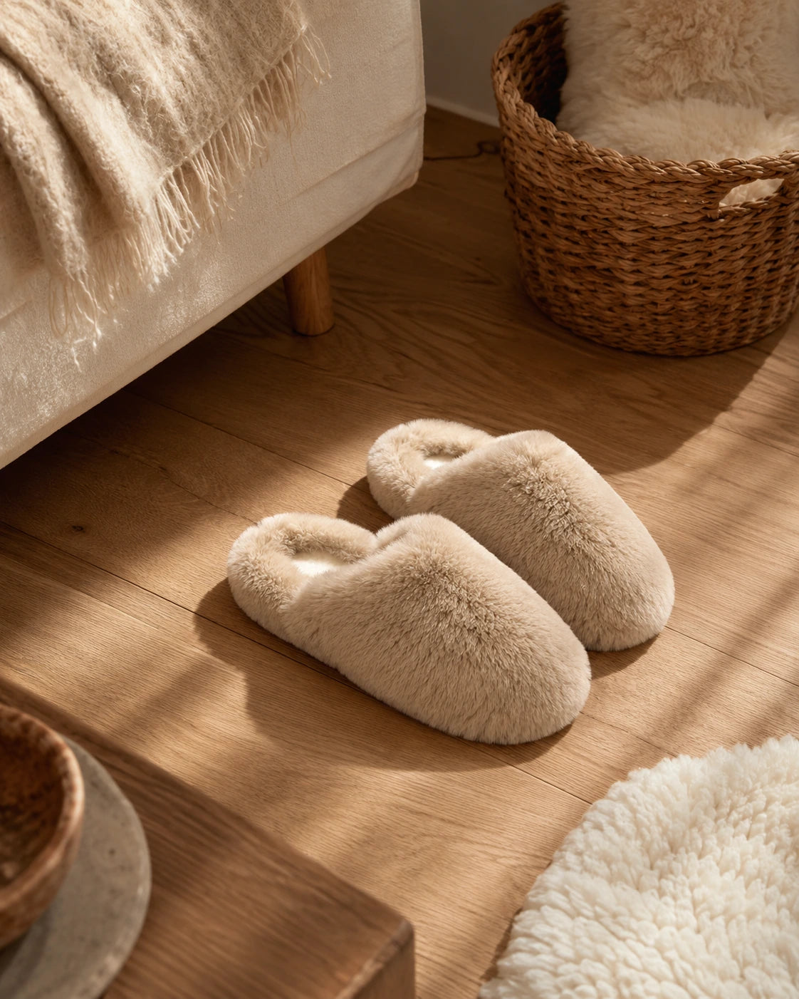 Camel genuine rabbit fur slippers styled on a clean wood floor