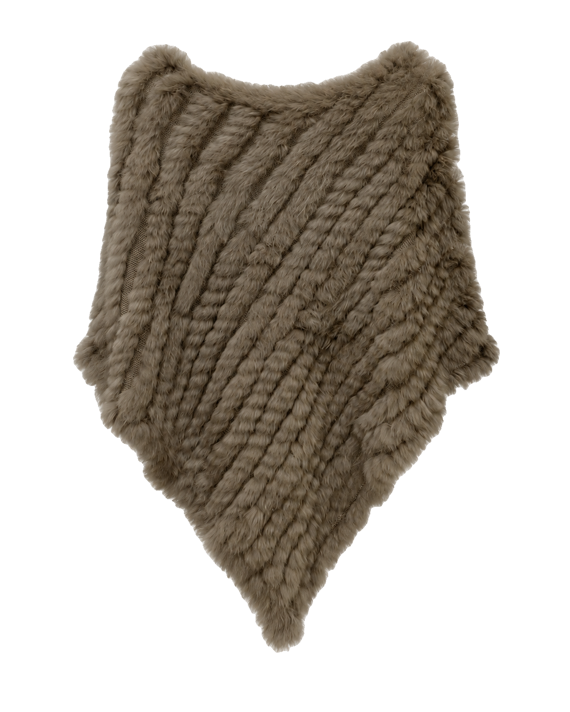 Light Brown handwoven genuine rabbit fur triangle poncho with classic knit collar on a transparent background