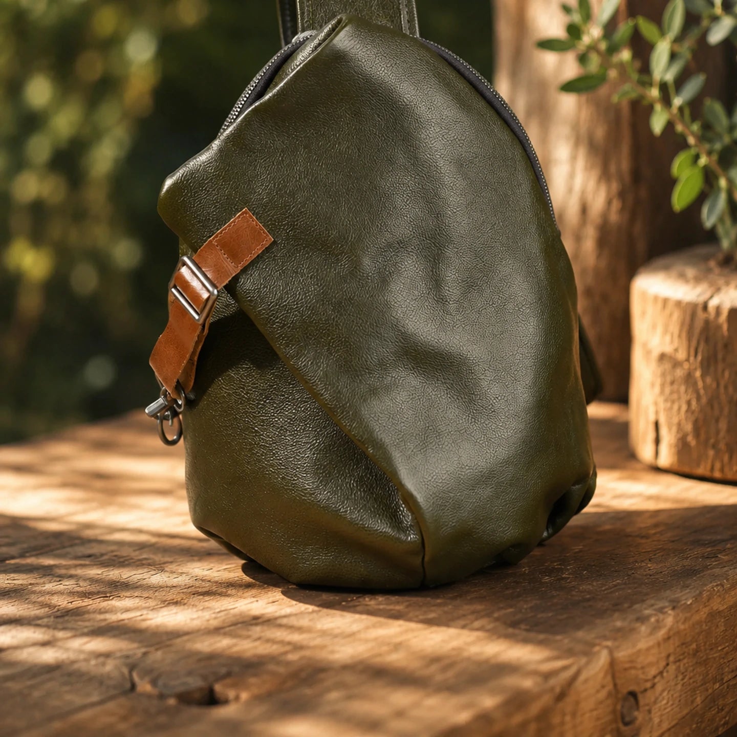Dark Green first-layer cowhide leather sling chest bag, full view