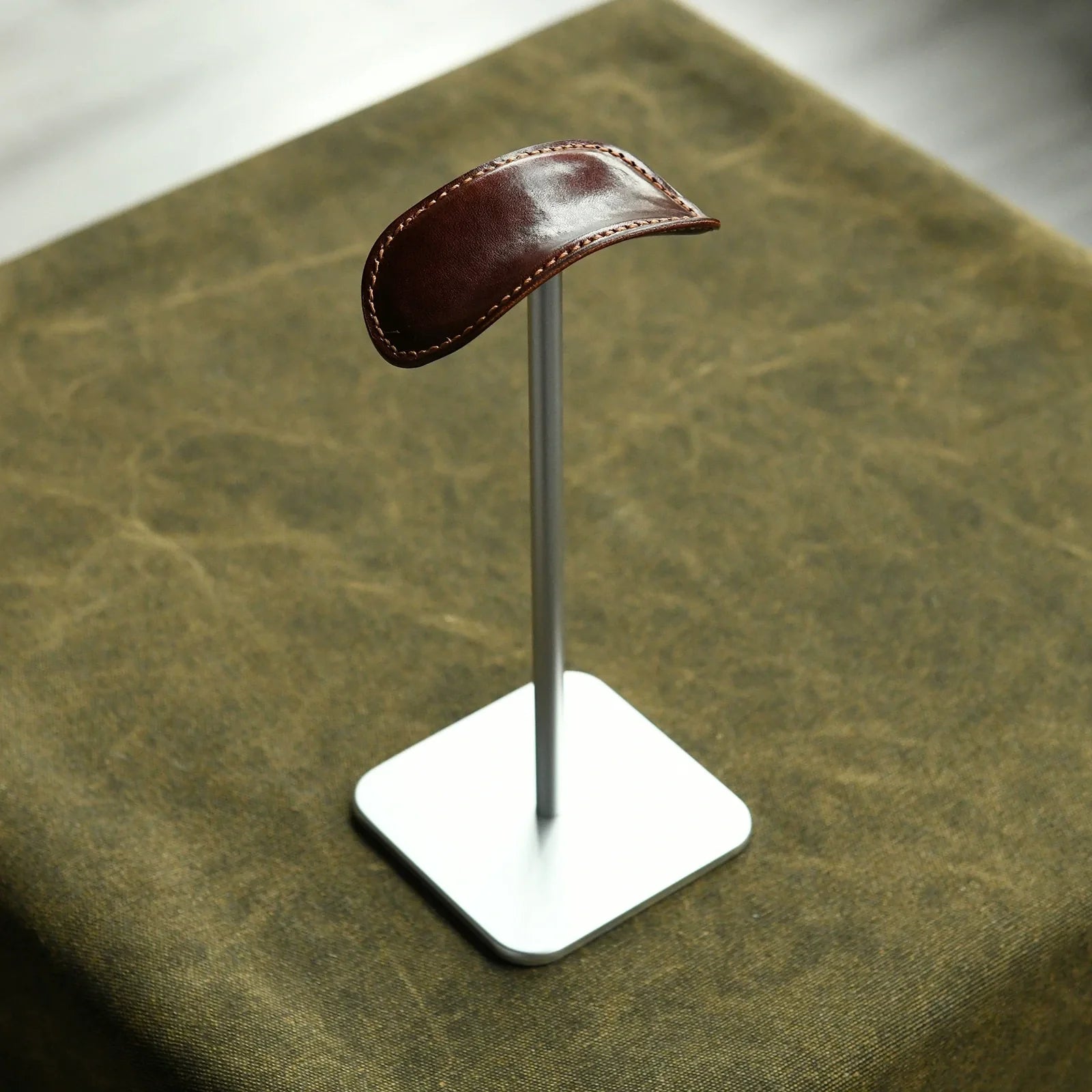 Espresso cowhide and silver metal headphone stand