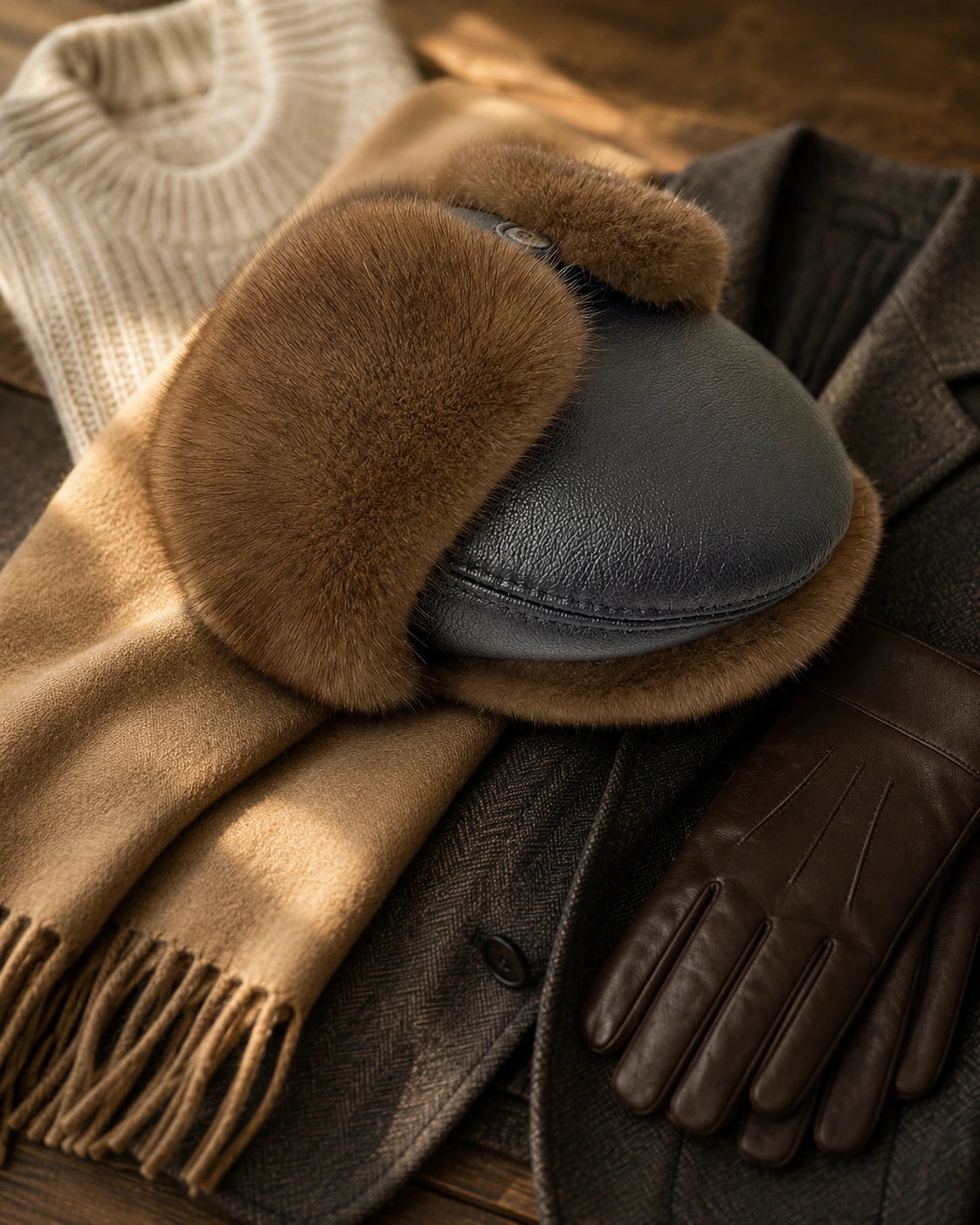 Mocha Brown leather-and-fur ear-flap cap arranged with men's winter workwear and gloves