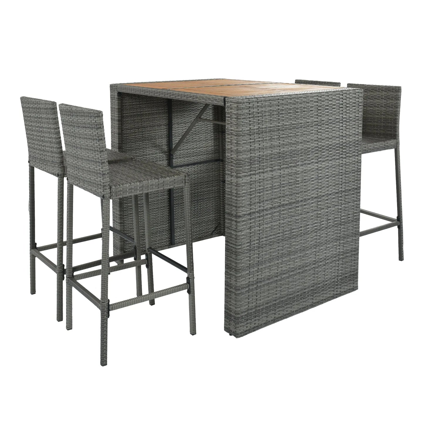 <Old SKU: FG201216AAE> GO 5-pieces Outdoor Patio Wicker Bar Set, Bar Height Chairs With Non-Slip Feet And Fixed Rope, Removable Cushion, Acacia Wood – view 12