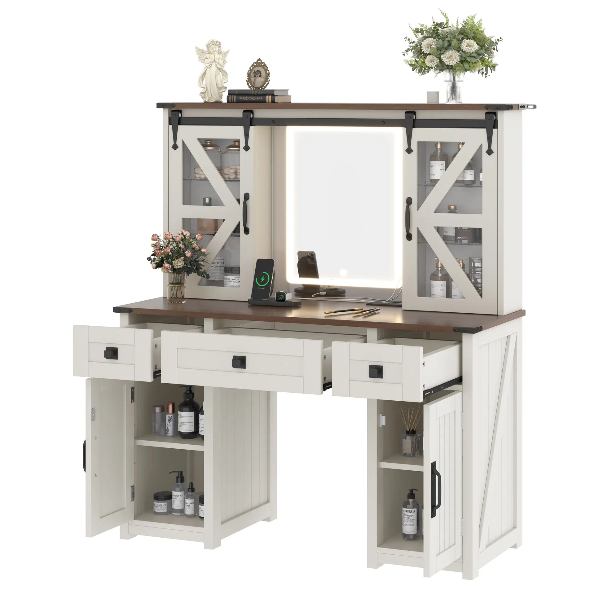 (Stool NOT Included) 43.3' Farmhouse Makeup Vanity Desk with Lighted Mirror, Vanity Table with Charging Station, Dressing Table with Sliding Barn – view 12
