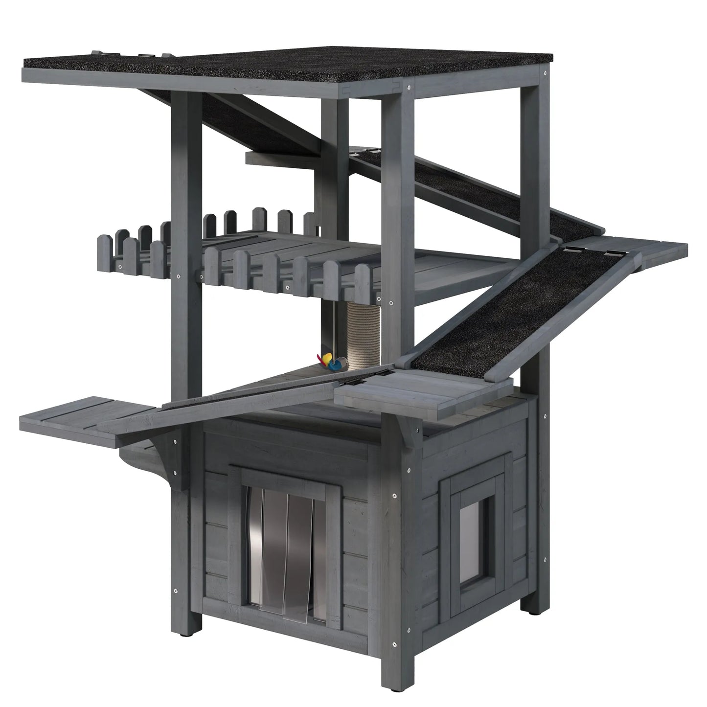 4 Tiers Outdoor Cat House Weatherproof Cat Tree Tower with Waterproof Roof and 2 Doors , Feral Cat Shelter Outside Enclosure, Multi-Level Play Zones – view 12