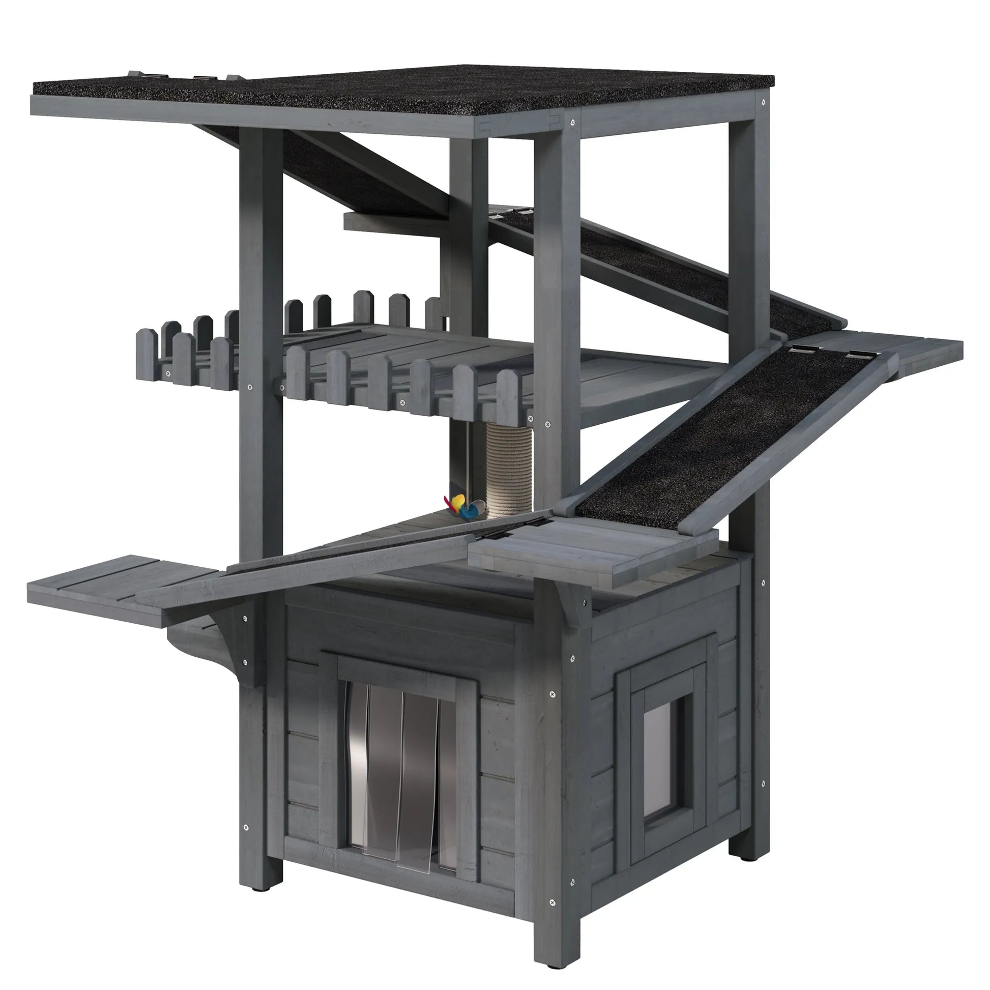 4 Tiers Outdoor Cat House Weatherproof Cat Tree Tower with Waterproof Roof and 2 Doors , Feral Cat Shelter Outside Enclosure, Multi-Level Play Zones – view 12
