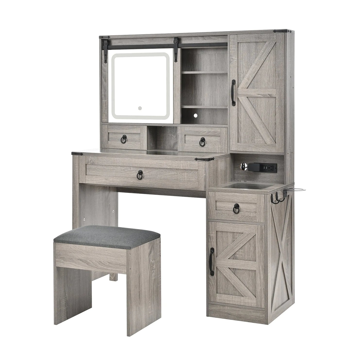 Farmhouse Vanity Desk with Sliding Mirror and Lights, Vanity Set with Glass Top and Charging Station ,Dressing Table with 4 Drawers and 2 Cabinets – view 12