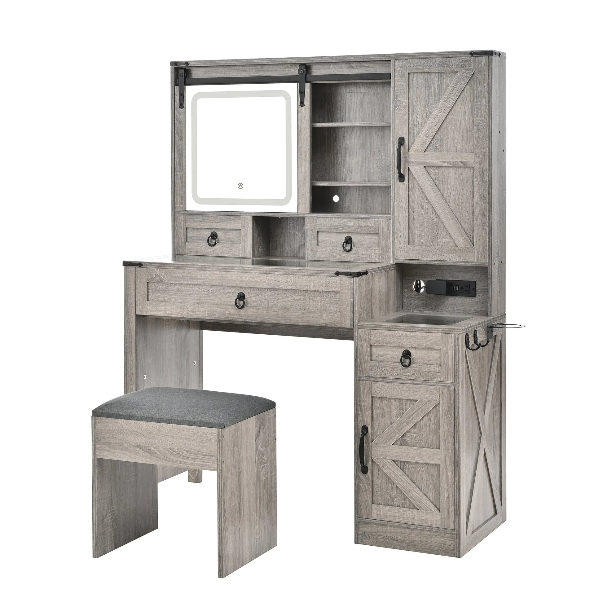 Farmhouse Vanity Desk with Sliding Mirror and Lights, Vanity Set with Glass Top and Charging Station ,Dressing Table with 4 Drawers and 2 Cabinets – view 12