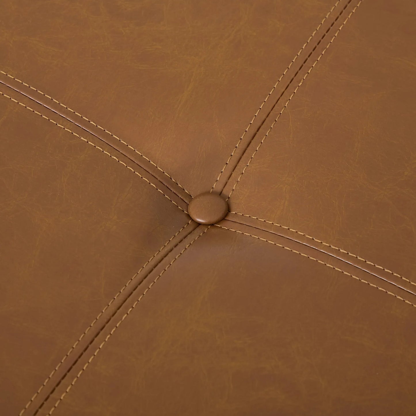 Round Leather Ottoman Coffee Table with Solid Wood Base, Tufted Faux Leather Upholstered Footrest, Brown Top with Walnut Finish Legs – view 12