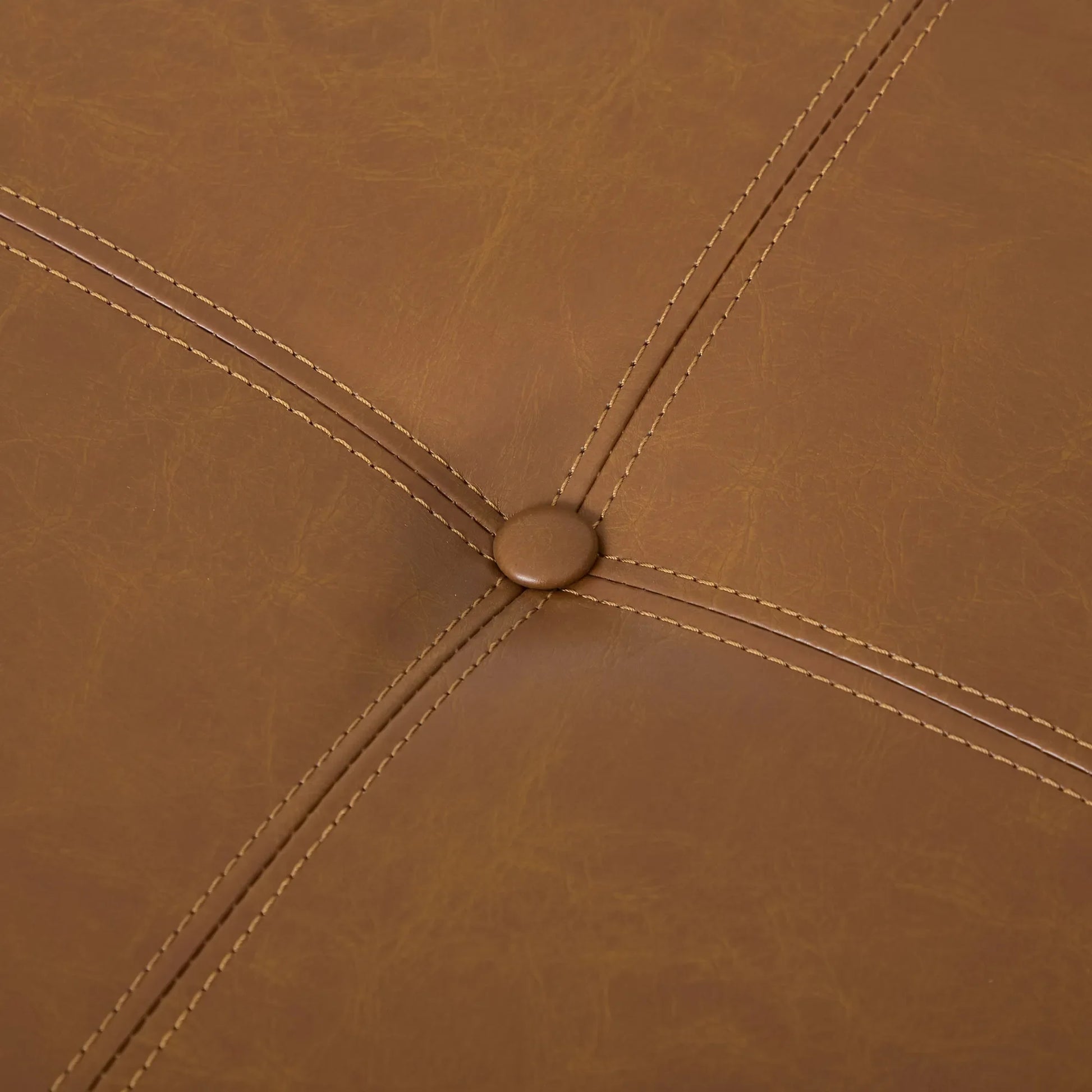 Round Leather Ottoman Coffee Table with Solid Wood Base, Tufted Faux Leather Upholstered Footrest, Brown Top with Walnut Finish Legs – view 12