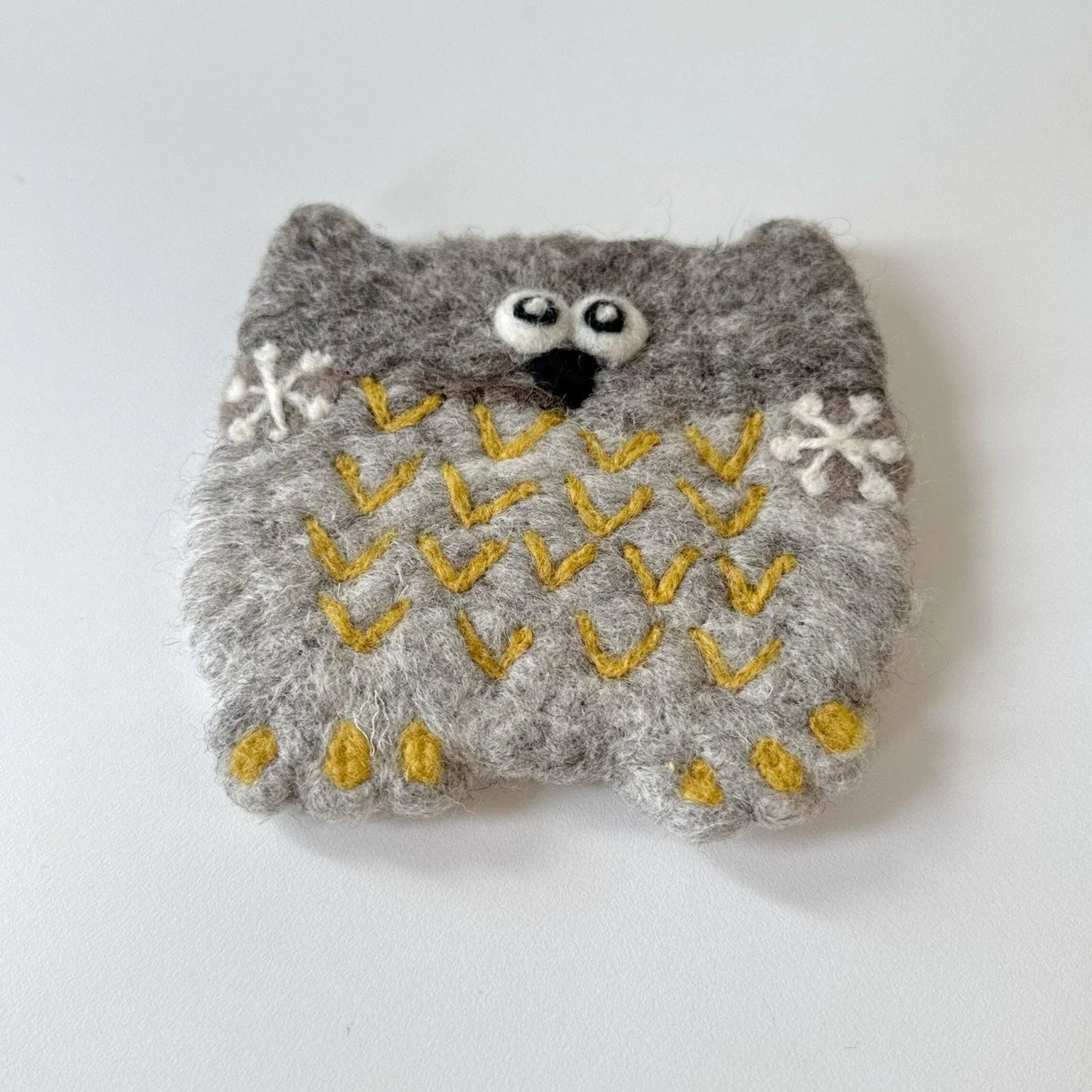 Handmade gray owl wool felt coaster