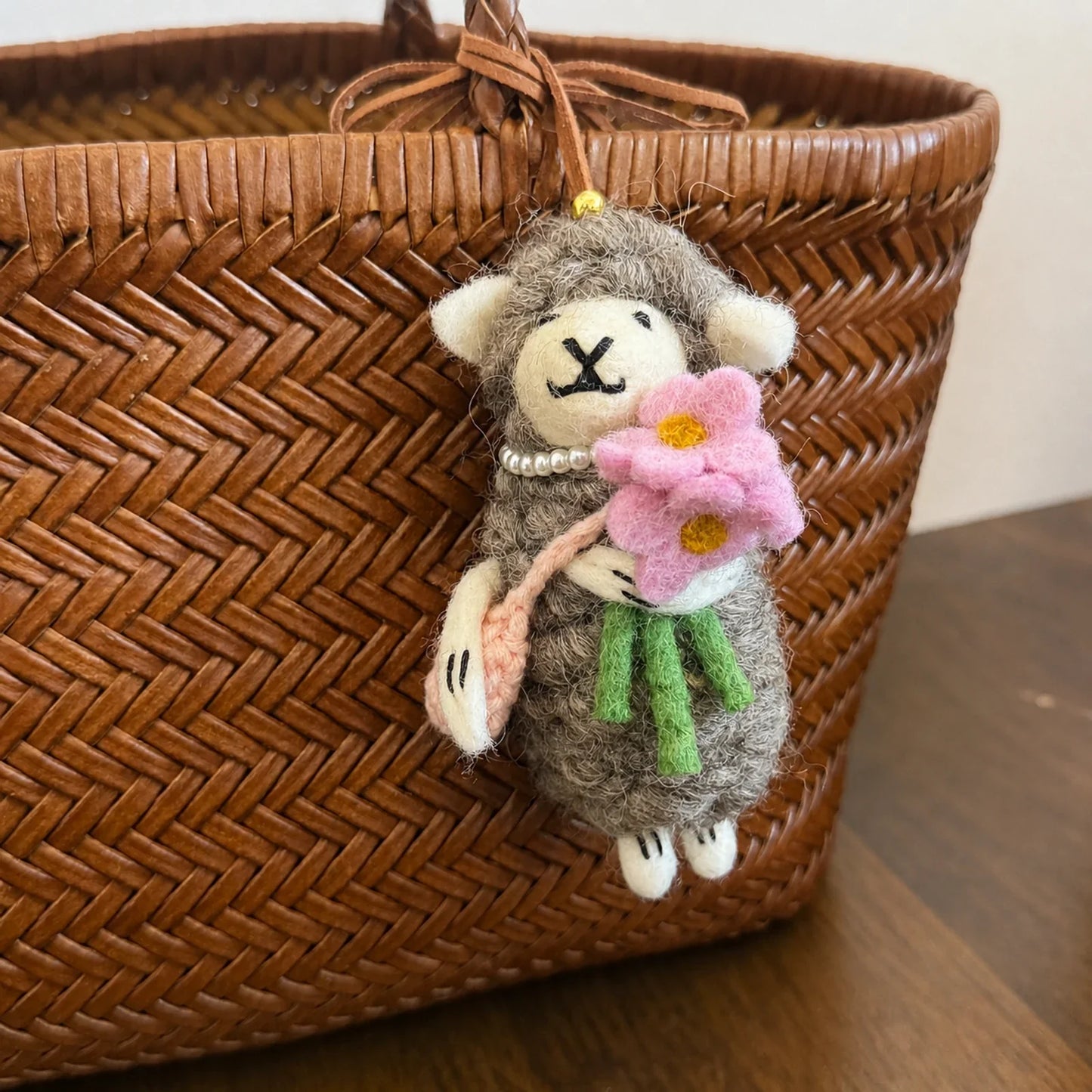 Handmade wool felt sheep bag charm – pink flower gray sheep