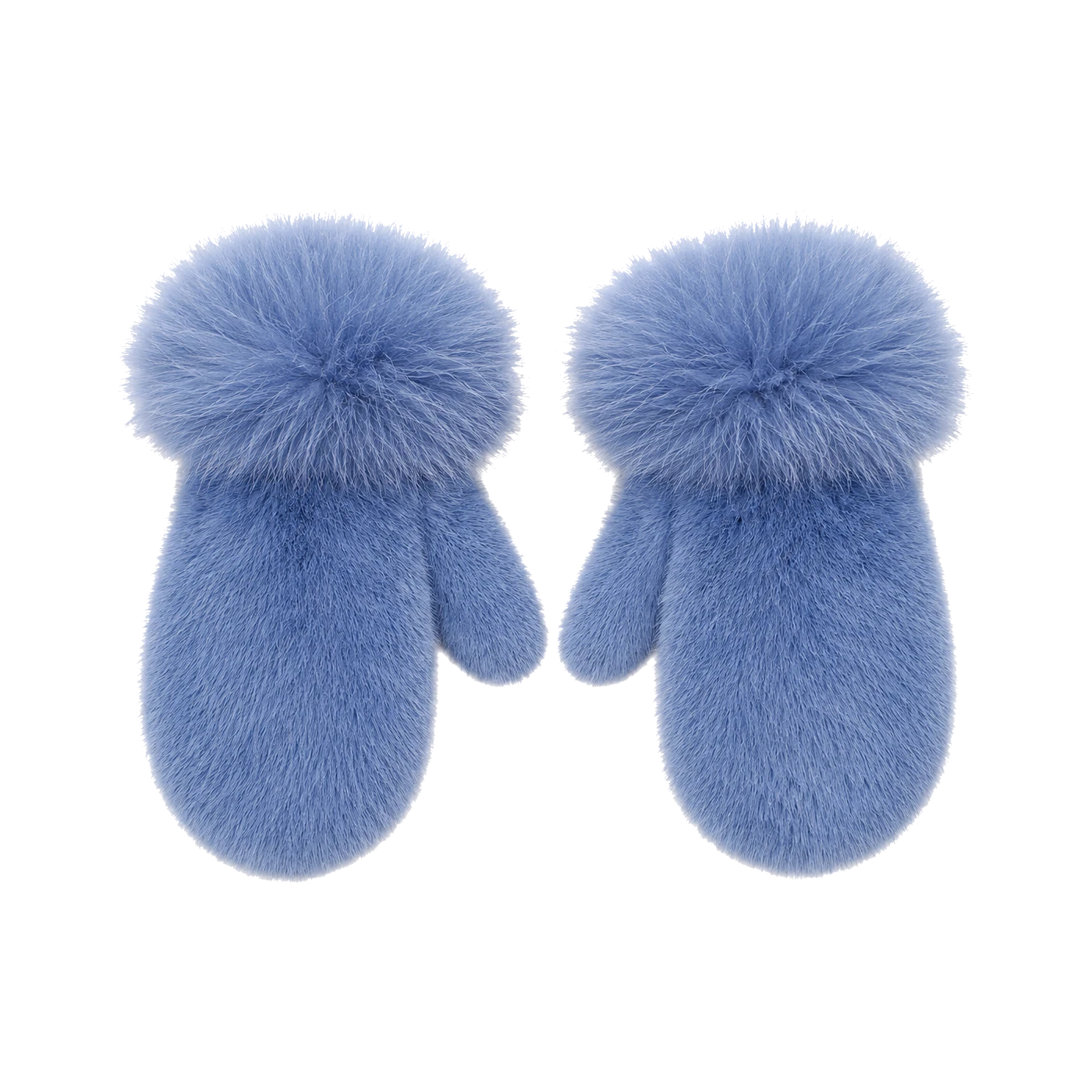 Powder Blue genuine mink fur mittens with oversized fox fur cuffs on transparent background