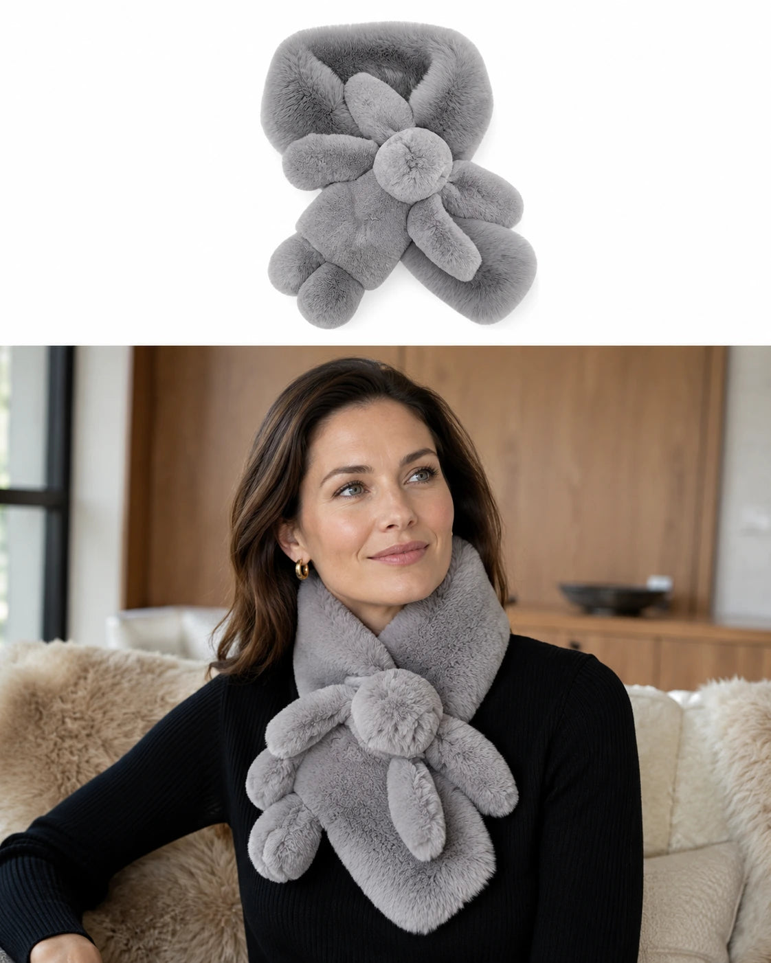 Silver Gray genuine Rex rabbit fur bunny scarf shown as product and worn in a warm interior