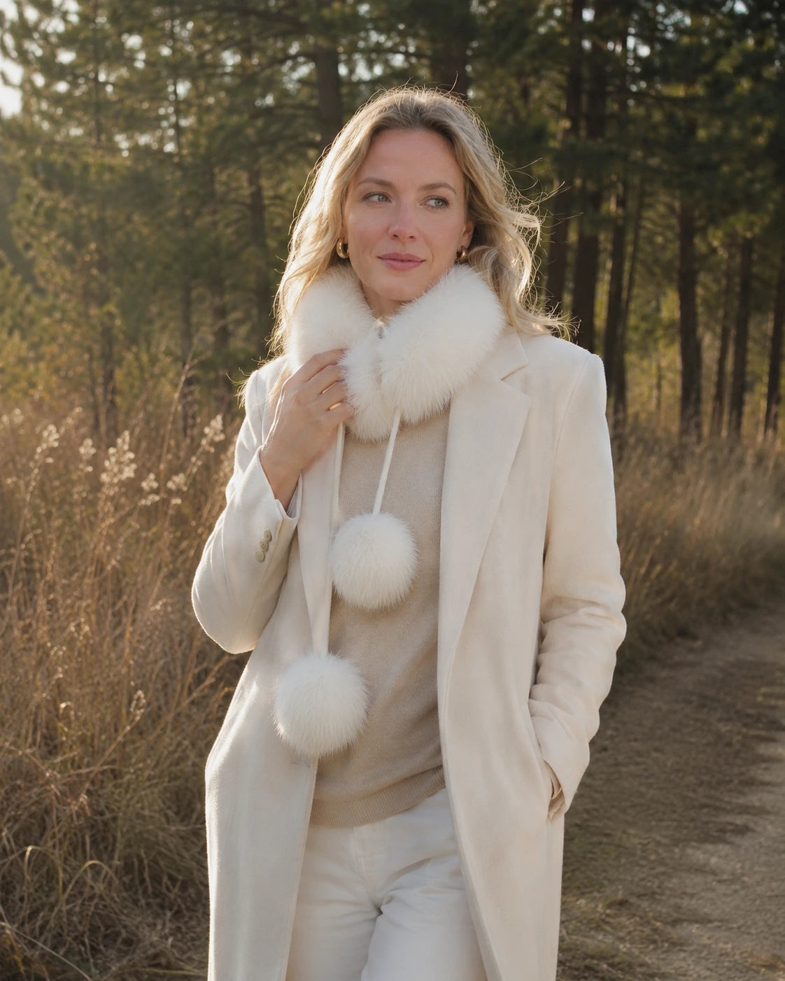 Woman wearing a Snow White genuine fox fur loop scarf outdoors in cool weather