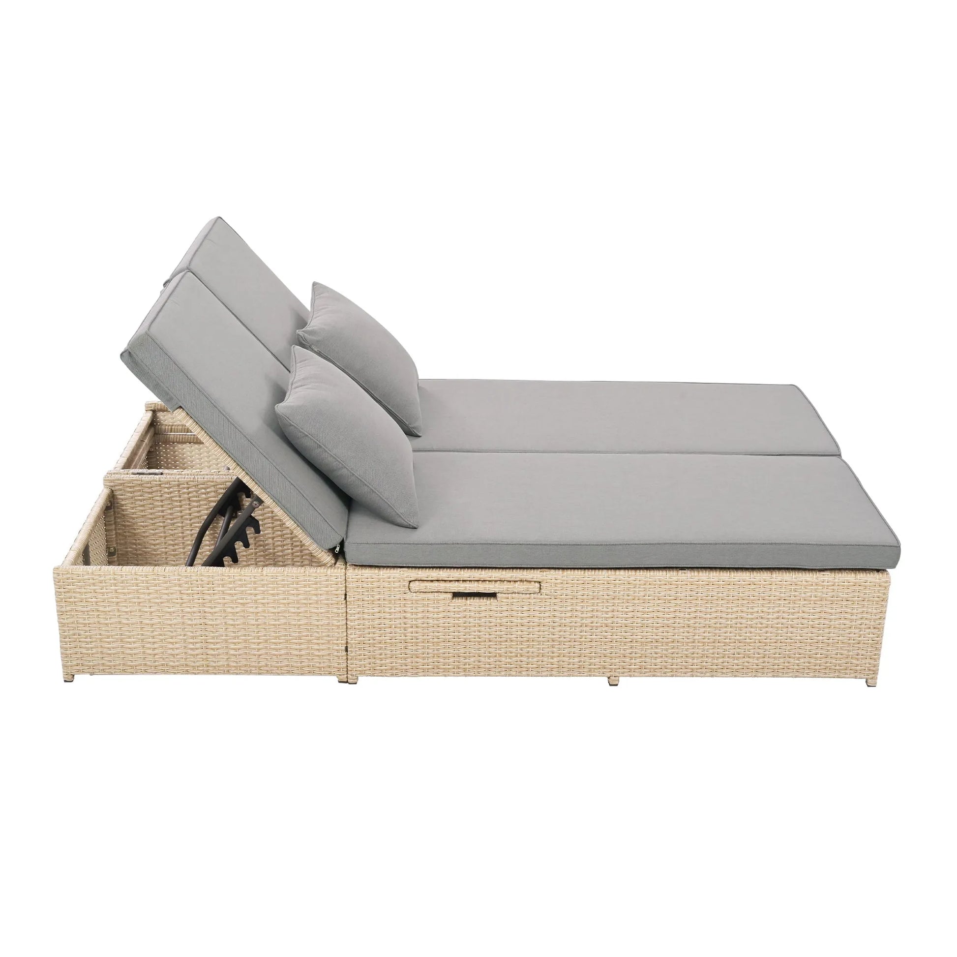 Outdoor Double Sunbed, Wicker Rattan Patio Reclining Chairs with Adjustable Backrest and Seat, Conversational Set for 2 Person, Brown – view 12
