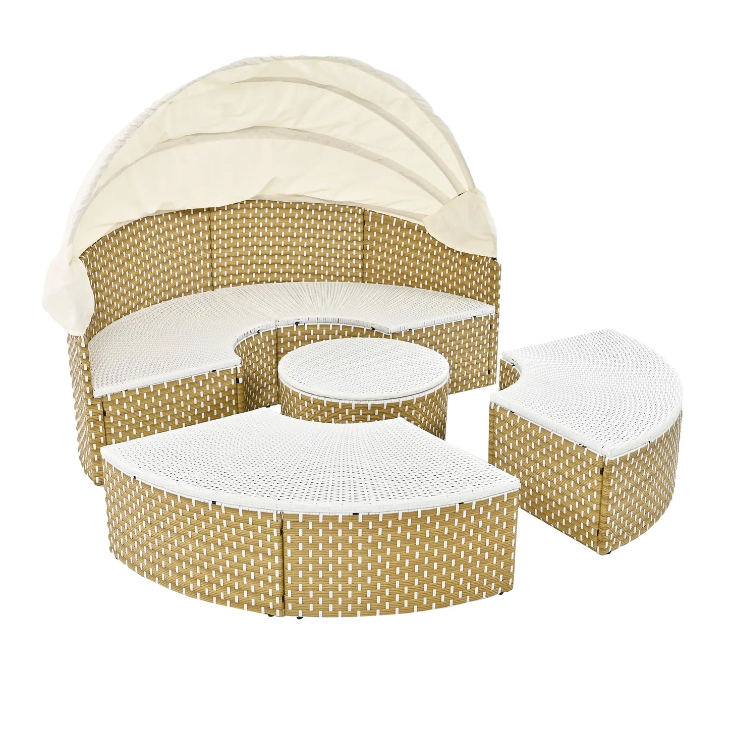 Patio Furniture Round Outdoor Sectional Sofa Set Rattan Daybed Two-Tone Weave Sunbed with Retractable Canopy, Separate Seating and Removable Cushion – view 12