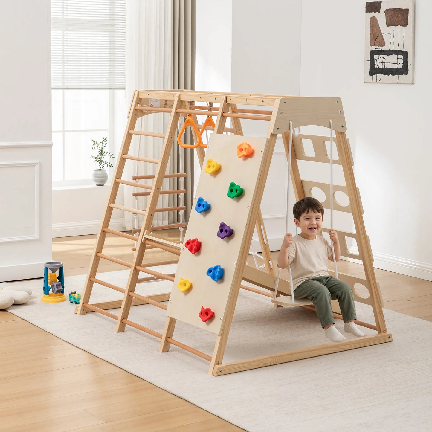 9-in-1 Slide and Climbing Wall for Toddlers 3+, Wooden Indoor Play Structure, Heavy Duty 176 lbs Capacity, Safe Rounded Edge Natural Wood, Balance & – view 12