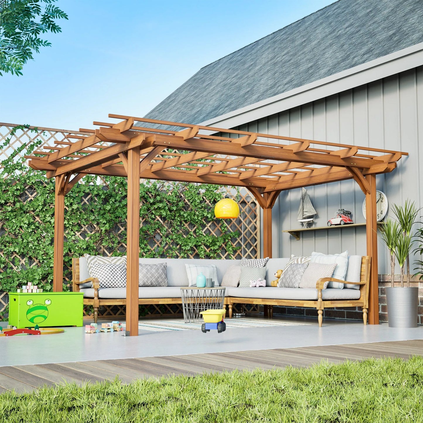 12 x 10 FT Outdoor Wood Pergola, Wooden Grape Pergola for Climbing Plant Support for Garden, Patio, Backyard, Deck, Brown – view 12