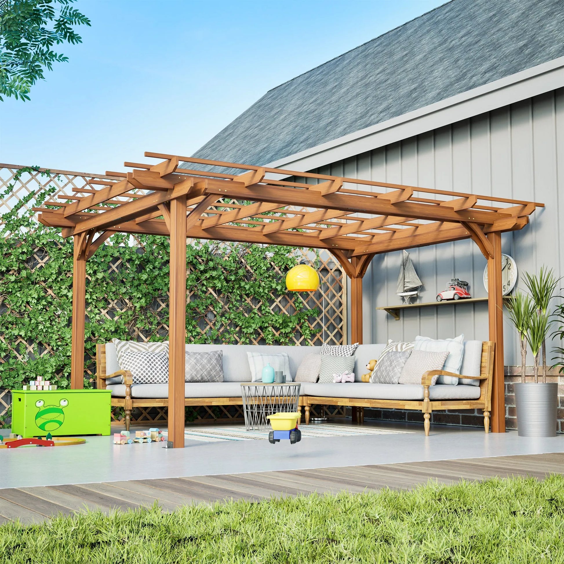 12 x 10 FT Outdoor Wood Pergola, Wooden Grape Pergola for Climbing Plant Support for Garden, Patio, Backyard, Deck, Brown – view 12