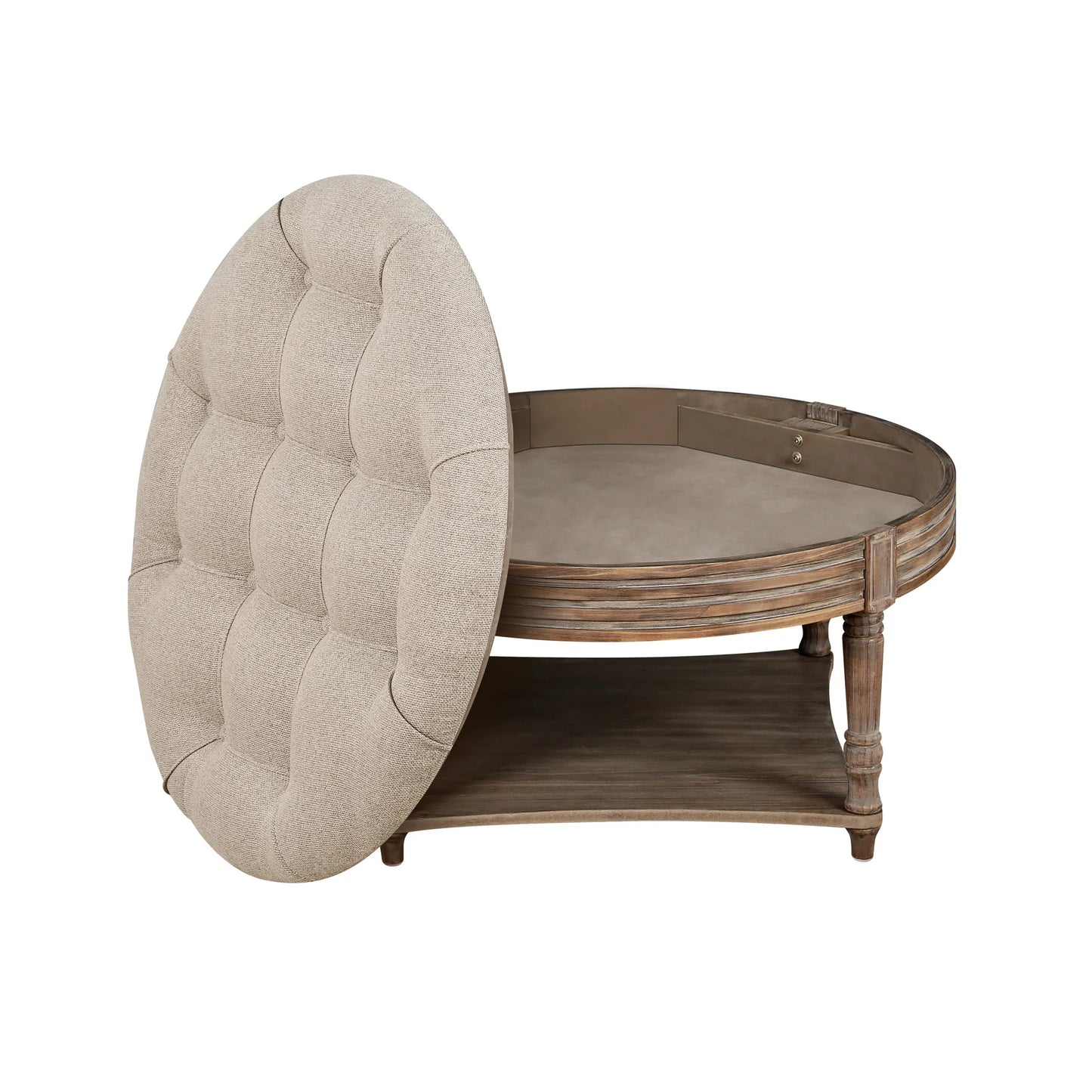 Large Round Waterproof Ottoman Coffee Table 2 Tier Oversized Button Tufted Ottoman with Wooden Shelf Storage Farmhouse Upholstered Coffee Table – view 12