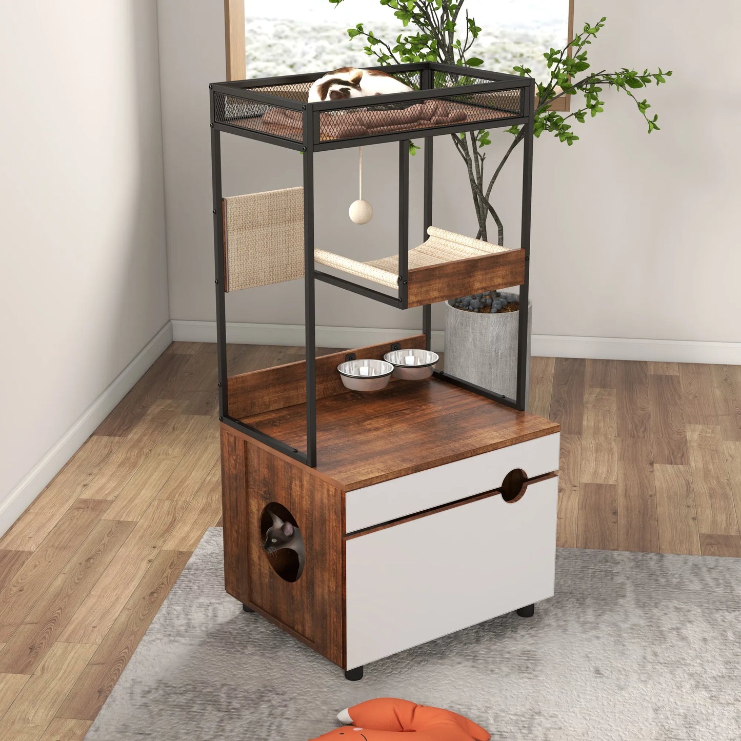 Cat Litter Box Enclosures with Cat Tree Tower, Cat Furniture ,Cat Cabinet – view 12