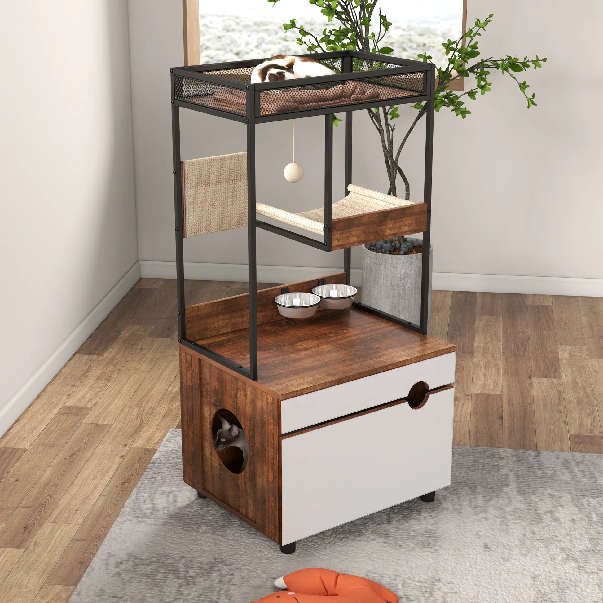 Cat Litter Box Enclosures with Cat Tree Tower, Cat Furniture ,Cat Cabinet – view 12