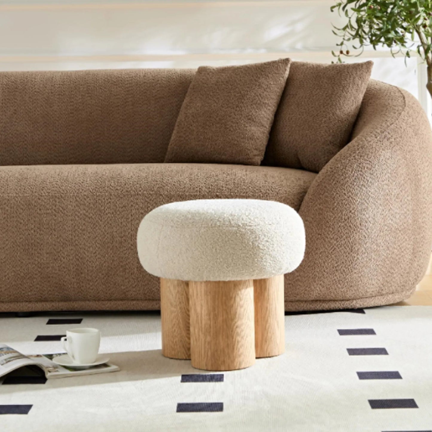 Mushroom Stool with Greige Plush Cushion, Wooden Barrel PVC Pipe, Walnut Finish – view 12