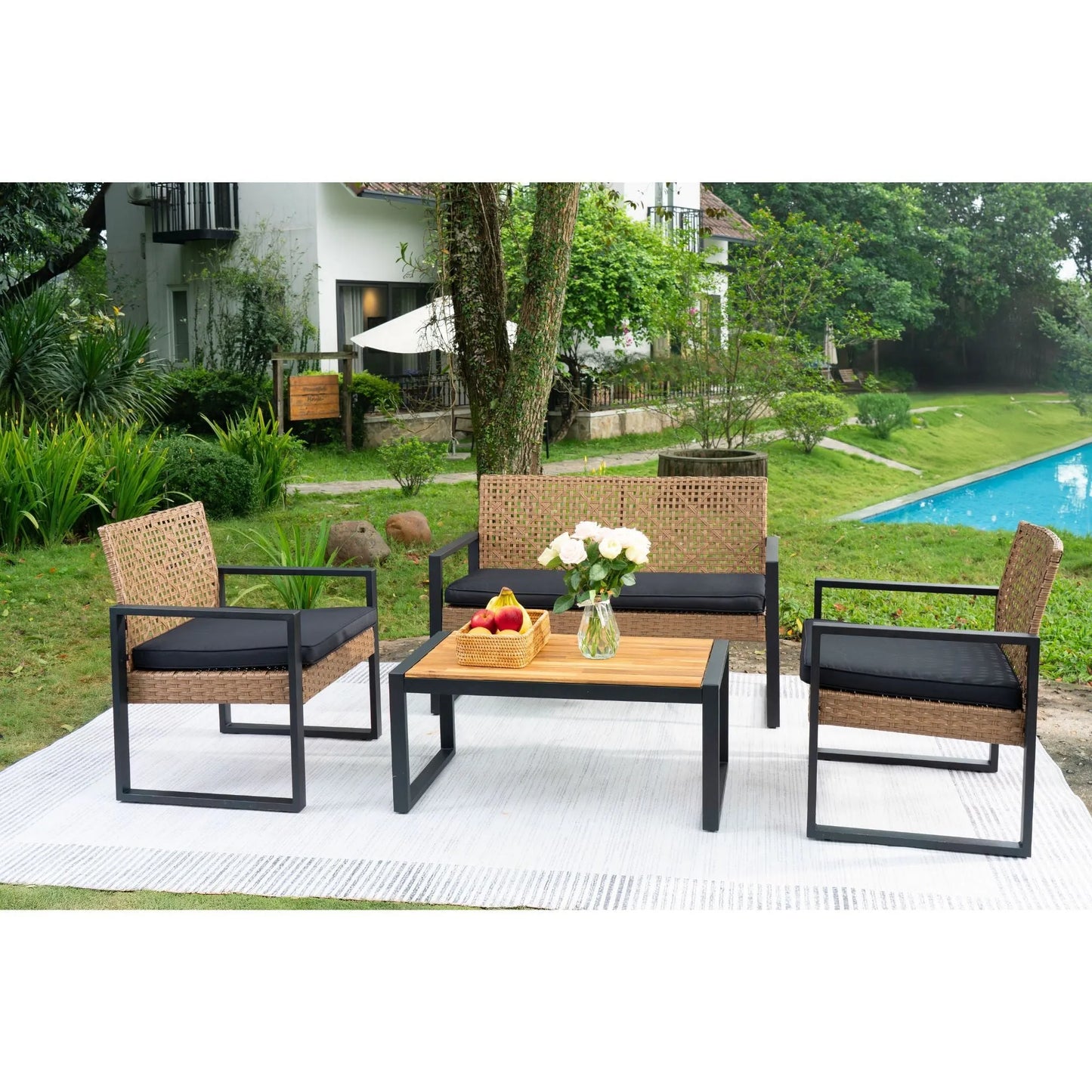 Modern Outdoor 4-Piece Patio Furniture Set with Acacia Wood Table Top, Black and Light Brown – view 12