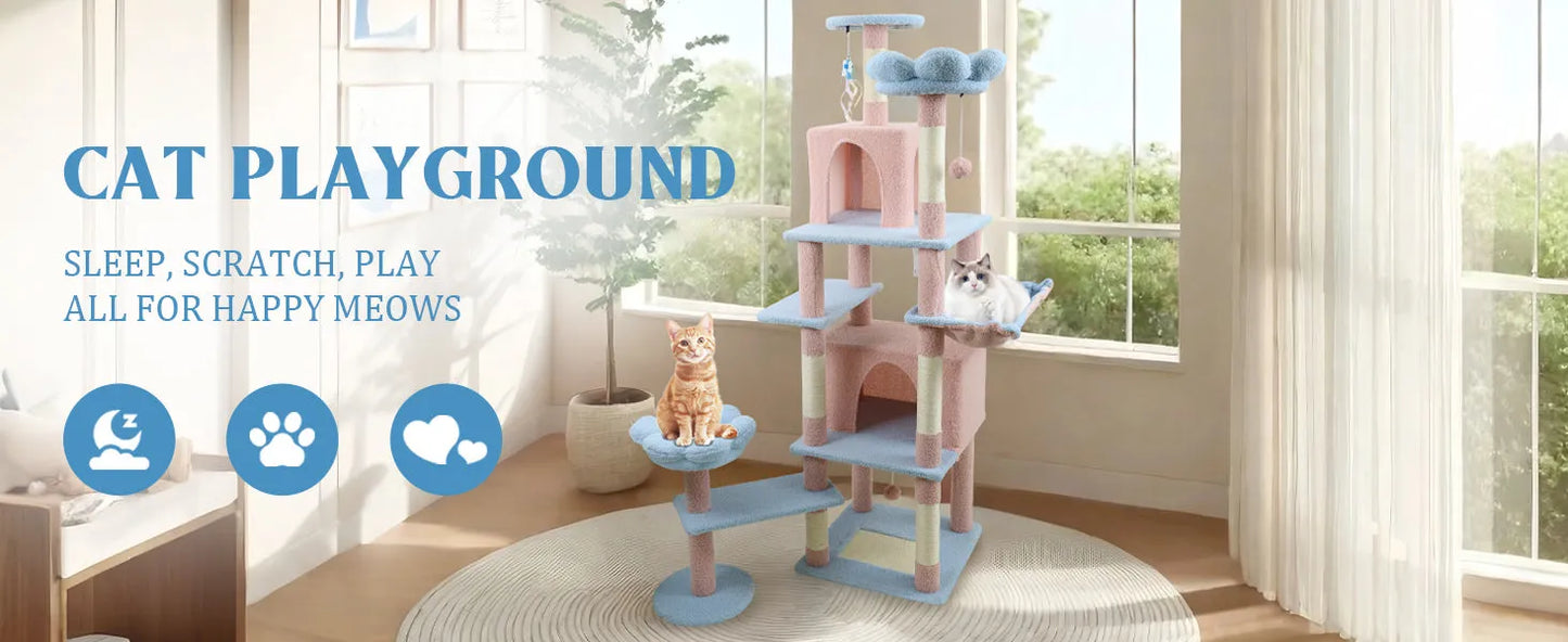 71 inch flower cat tree with large condo removable flower cushion and hammock blue – view 12