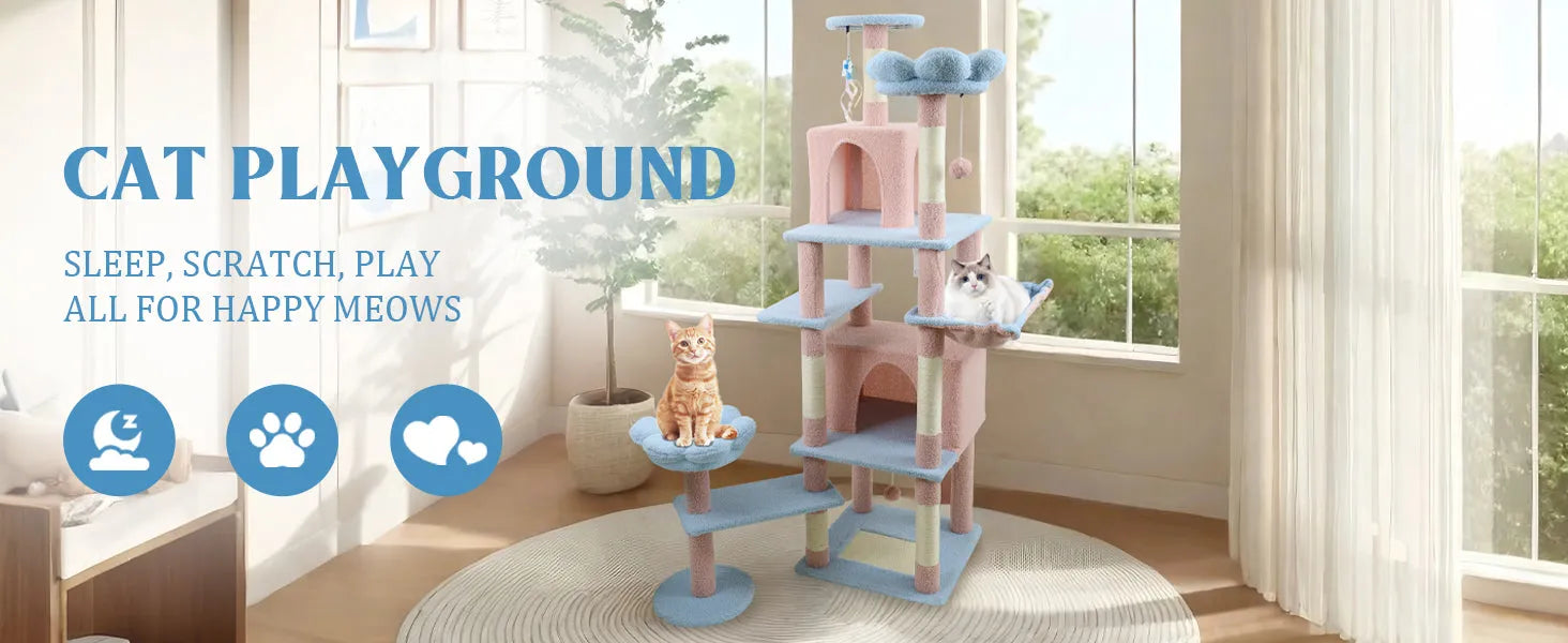 71 inch flower cat tree with large condo removable flower cushion and hammock blue – view 12