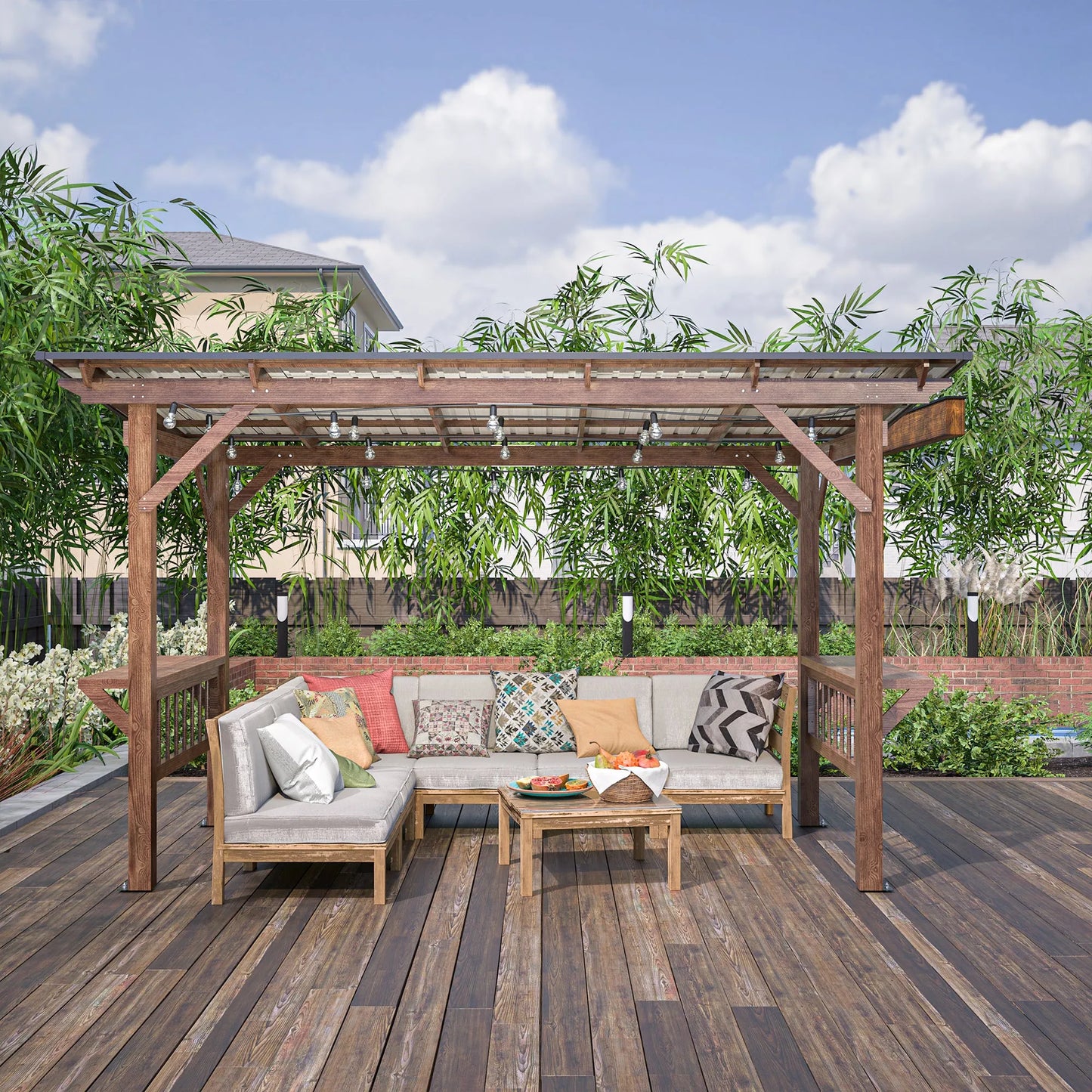 13' x 6.5' Wooden Pergola Grill Gazebo with Metal Roof & Bulbs & Bar Counters – view 12
