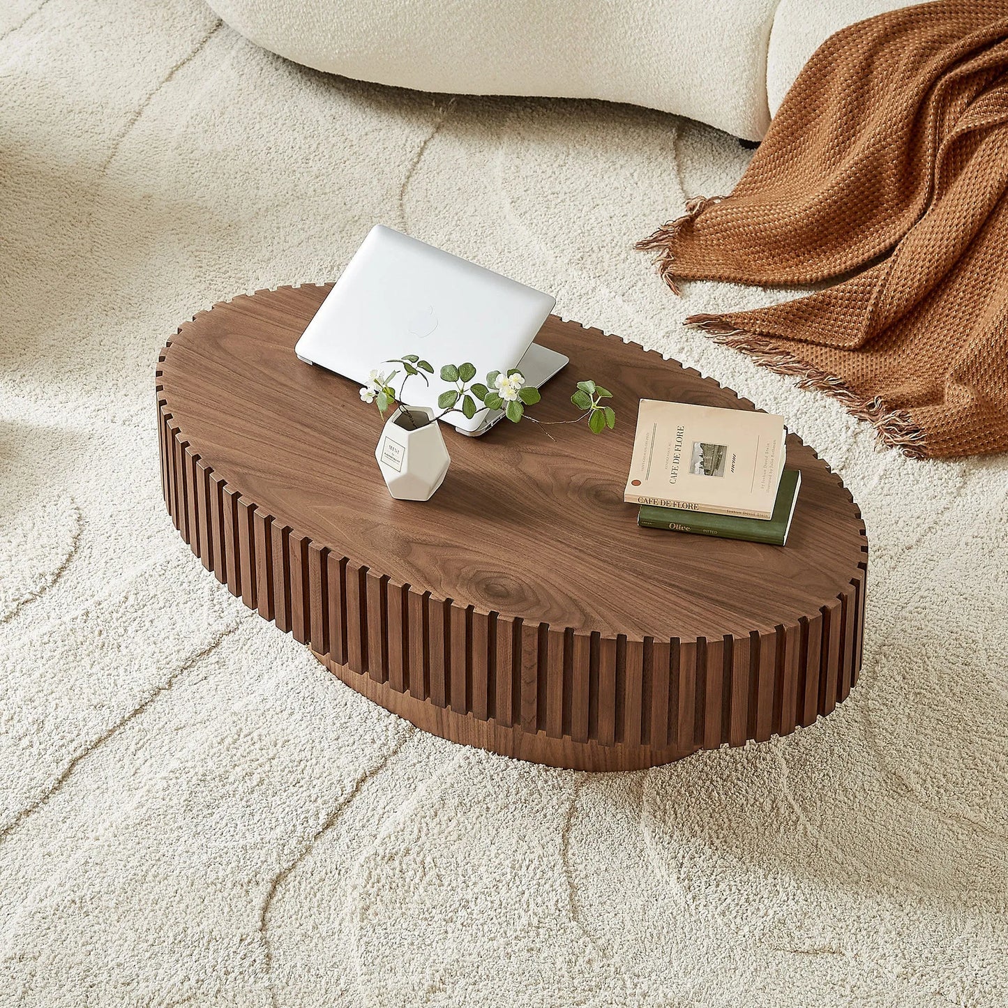 Modern Handcraft Drum Coffee Table Length 43.7 inch Ellipse Coffee Table for Living Room,Oval Small Coffee Table with Sturdy Pedestal,Walnut – view 12
