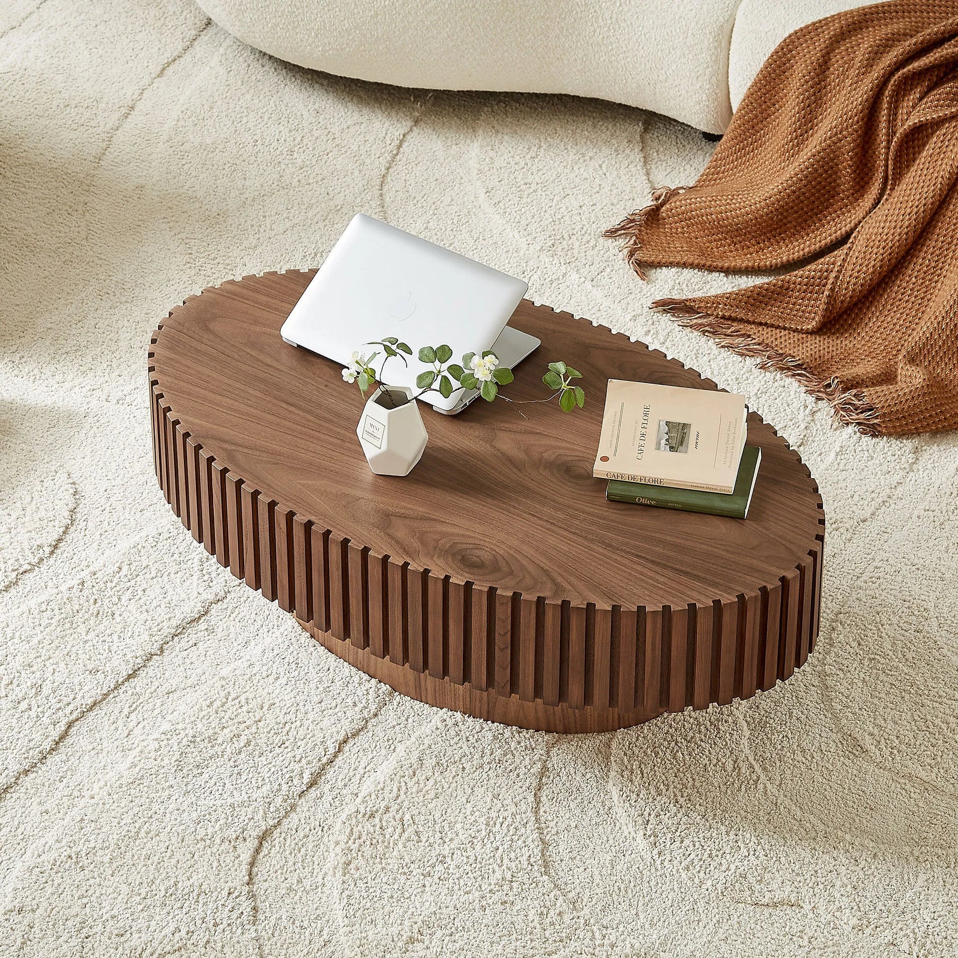 Modern Handcraft Drum Coffee Table Length 43.7 inch Ellipse Coffee Table for Living Room,Oval Small Coffee Table with Sturdy Pedestal,Walnut – view 12