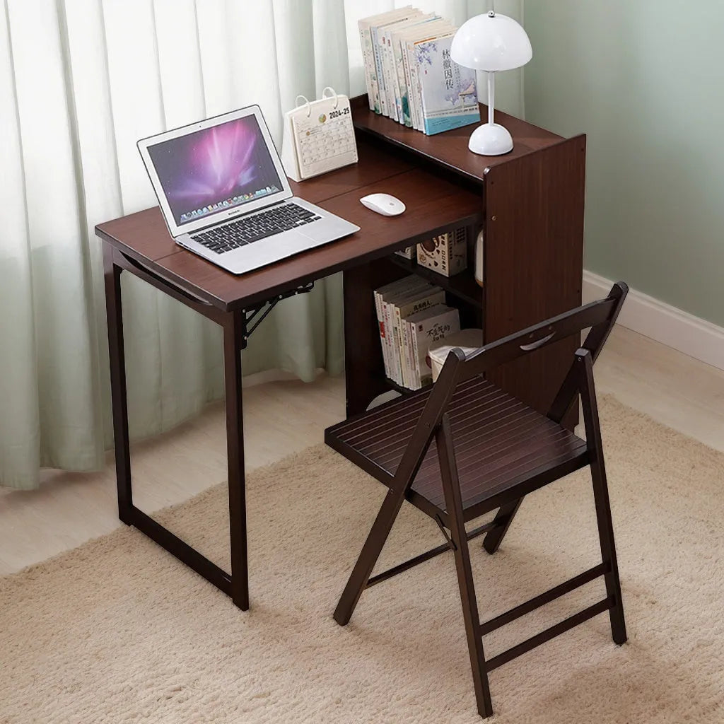 Bamboo Folding Desk, Foldable Desk for Small Space, Computer Desk with Hidden Storage, Mid Century Foldable Table for Home Office and Bedroom (Walnut – view 12